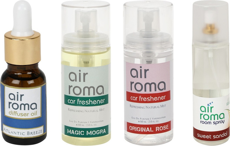 Airroma Atlantic Breeze, Sweet Sandal, Original Rose, Magic Mogra Car Freshener (Pack of 4)(350 ml) Airroma Atlantic Breeze, Sweet Sandal, Original Rose, Magic Mogra Car Freshener (Pack of 4)(350 ml)