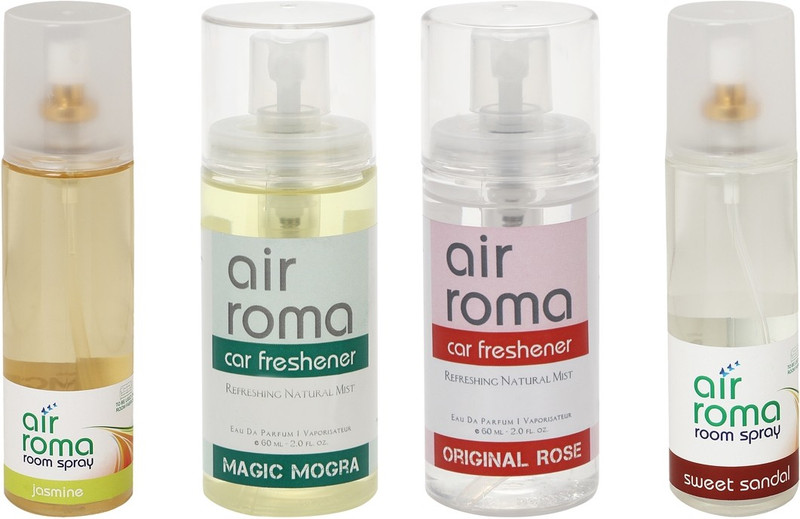 Airroma Sweet Sandal, Jasmine, Original Rose, Magic Mogra Car Freshener (Pack of 4)(520 ml) Airroma Sweet Sandal, Jasmine, Original Rose, Magic Mogra Car Freshener (Pack of 4)(520 ml)