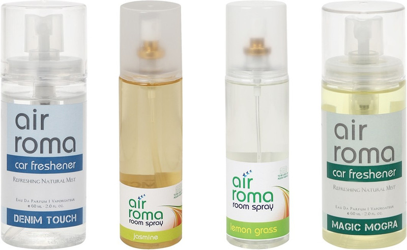 Airroma Denim Touch, Jasmine, Lemon Grass, Magic Mogra Car Freshener (Pack of 4)(520 ml) Airroma Denim Touch, Jasmine, Lemon Grass, Magic Mogra Car Freshener (Pack of 4)(520 ml)
