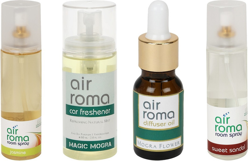 Airroma Sweet Sandal, Jasmine, Mogra Flower, Magic Mogra Car Freshener (Pack of 4)(490 ml) Airroma Sweet Sandal, Jasmine, Mogra Flower, Magic Mogra Car Freshener (Pack of 4)(490 ml)