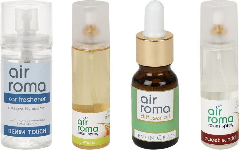 Airroma Denim Touch, Sweet Sandal, Jasmine, Lemon Grass Car Freshener (Pack of 4)(490 ml) Airroma Denim Touch, Sweet Sandal, Jasmine, Lemon Grass Car Freshener (Pack of 4)(490 ml)