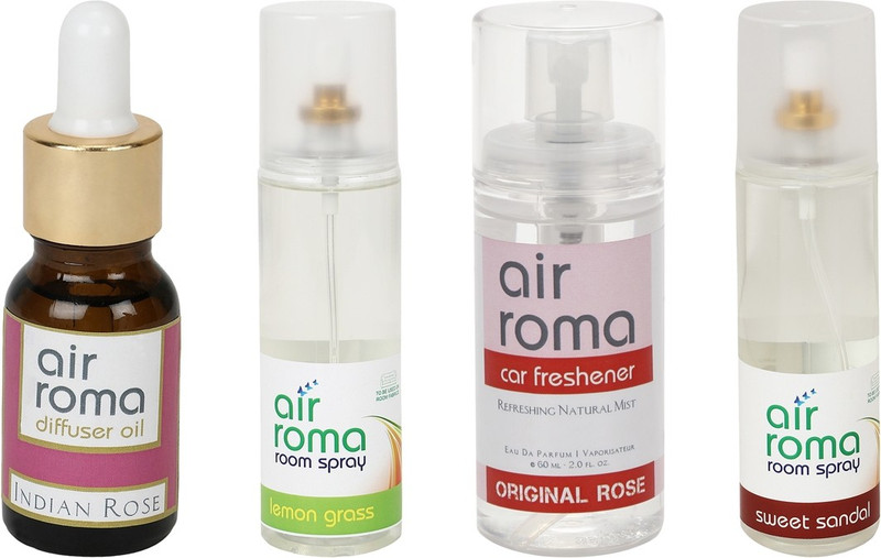 Airroma Indian Rose, Sweet Sandal, Original Rose, Lemon Grass Car Freshener (Pack of 4)(490 ml) Airroma Indian Rose, Sweet Sandal, Original Rose, Lemon Grass Car Freshener (Pack of 4)(490 ml)