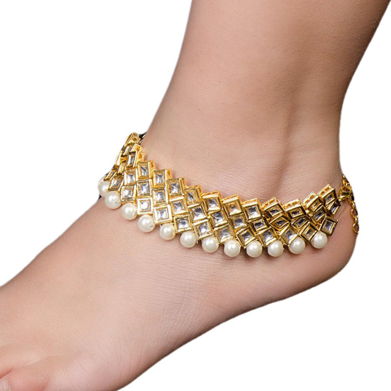 Imli Street Golden-Ivory Kundan Anklets - Set of 2 Brass Anklet Imli Street Golden-Ivory Kundan Anklets - Set of 2 Brass Anklet