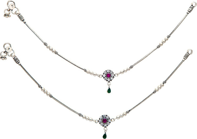 Siri Creations Plain With Stones Dropings 92.5 Silver Anklet(Pack of 2) Siri Creations Plain With Stones Dropings 92.5 Silver Anklet(Pack of 2)