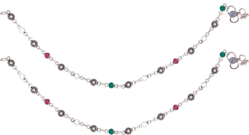 Siri Creations White And Multi Color Stones Silver Anklet(Pack of 2) Siri Creations White And Multi Color Stones Silver Anklet(Pack of 2)