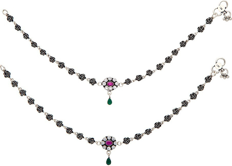 Siri Creations Rose With Stones Dropings 92.5 Silver Anklet(Pack of 2) Siri Creations Rose With Stones Dropings 92.5 Silver Anklet(Pack of 2)