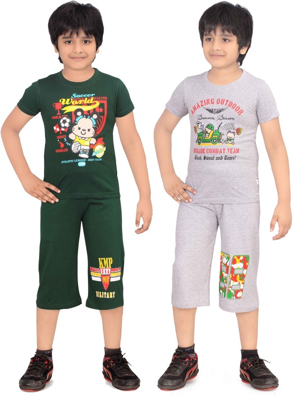 Dongli Kids Nightwear Boys Solid Cotton Blend(Multicolor Pack of 2)
