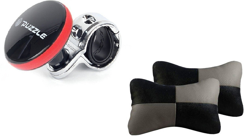 Auto Car Winner 1 Hot Pink Puzzle Vehicle Steering Knob, 1 Pair of Black & Grey Neck Rest Cushion Combo
