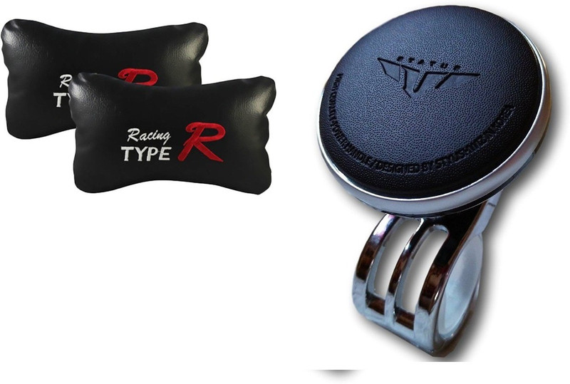 Auto Car Winner 1 Status Vehicle Steering Knob, 1 Pair of Type R Black Neck Rest Cushion Combo