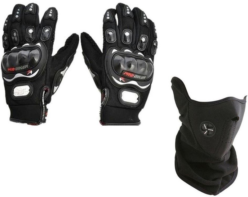 Probiker 1 Bike Gloves, 1 Neoprene Half Cover Face Mask - Black Combo