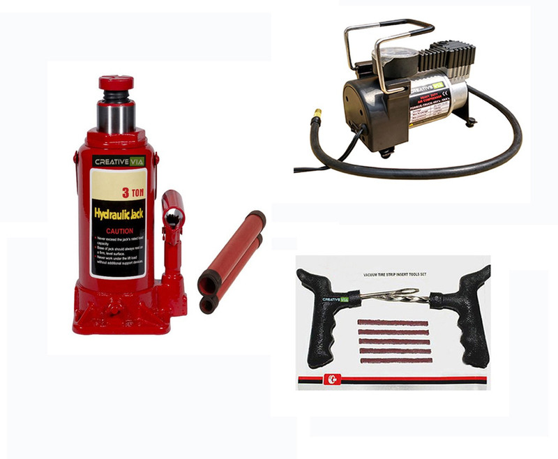 Creative Via 3 Ton Hydraulic Car Jack + AutoCut-OFF Premium Metal Air Compressor + Tyre Punture Repair Kit Combo