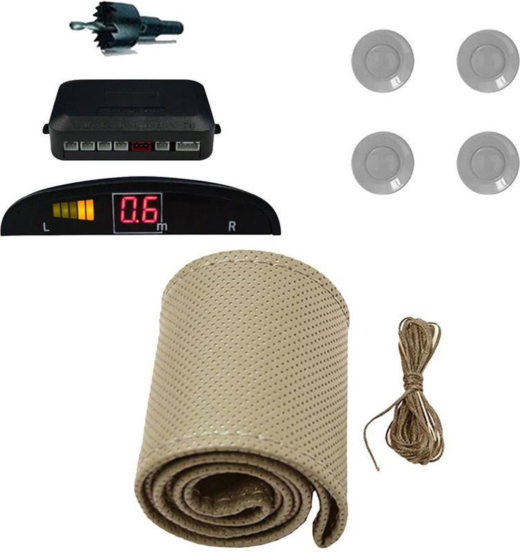 Allure Auto 1 Ring Type Car Steering Cover, Car Reverse Parking Sensor With Led Display- Silver Combo
