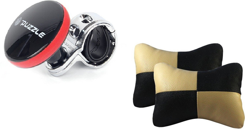 Auto Car Winner 1 Hot Pink PuzzleVehicle Steering Knob, 1 Pair of Black & Beige Neck Rest Cushion Combo