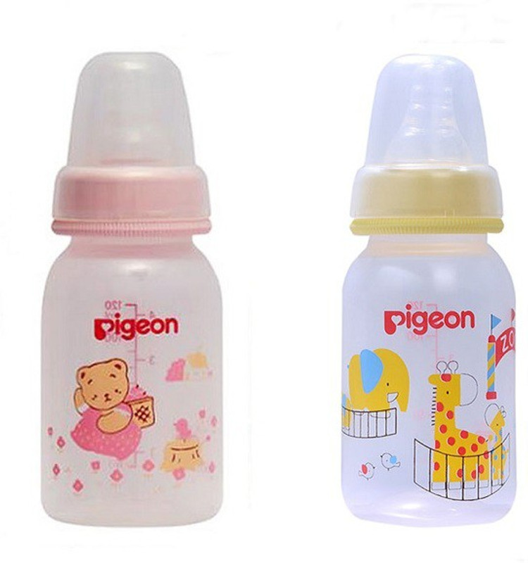 Pigeon printed Peristaltic 120ml Nursing Bottle with S Size Nipple (Pink And Yellow ) Pack of 2 - 120 ml(Pink | Yellow)