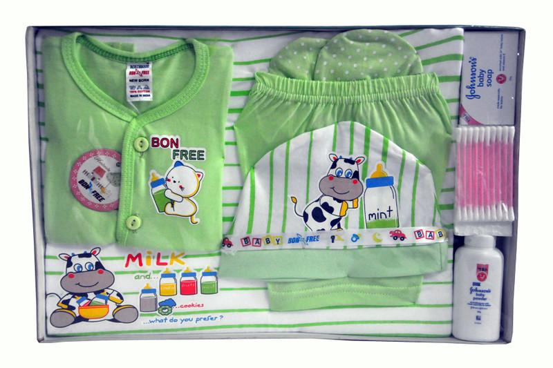 Bonfree BelleGirl 100% Cotton New Born Gift Set of 8 Pcs Green 0-3M(Green)
