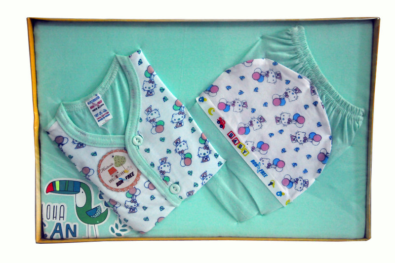 Bonfree BelleGirl 100% Cotton New Born Gift Set of 4 Pcs Premium Green 0-3M(Green)