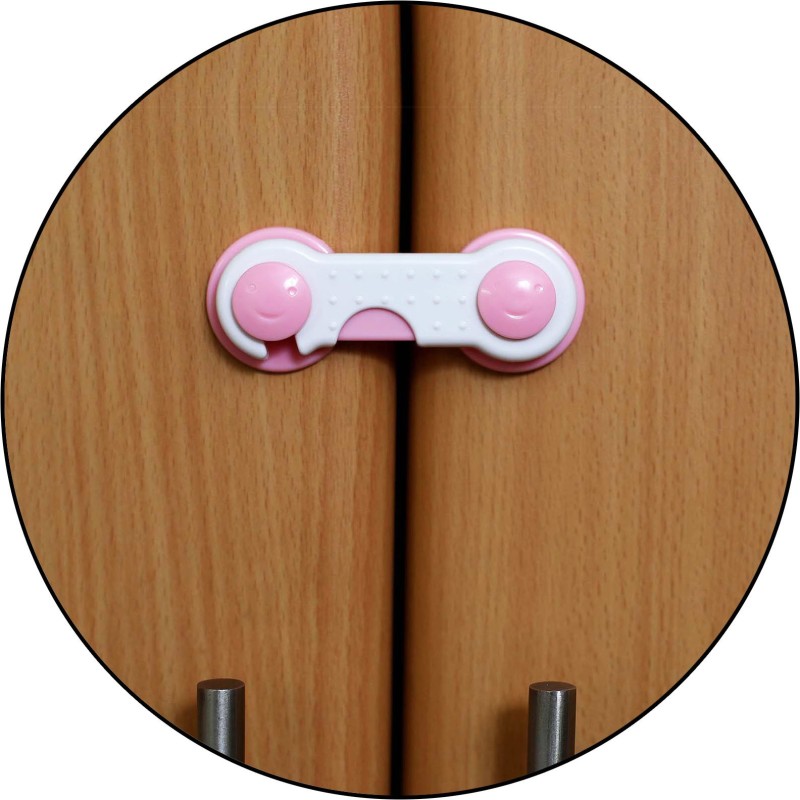 Safe-O-Kid Easy to Use, Dotted with Smiley Ends Child Proof Cabinet Lock (Pack of 4)(WHITE & PINK)