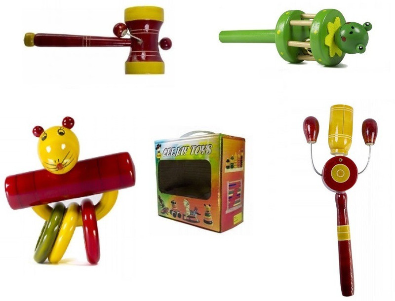 CeeJay Set of 4 Colorful Wooden Baby Toys:Model RA-OW013 Rattle(Multicolor)