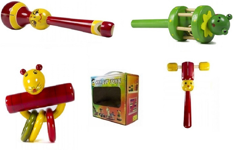 CeeJay Set of 4 Colorful Wooden Baby Toys:Model RA-OW018 Rattle(Multicolor)