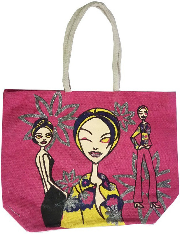 CraftEra Fashionable Girls Print Pink Color Jute Handheld And Shopping Handbag Multipurpose Bag(Pink, 45 inch)