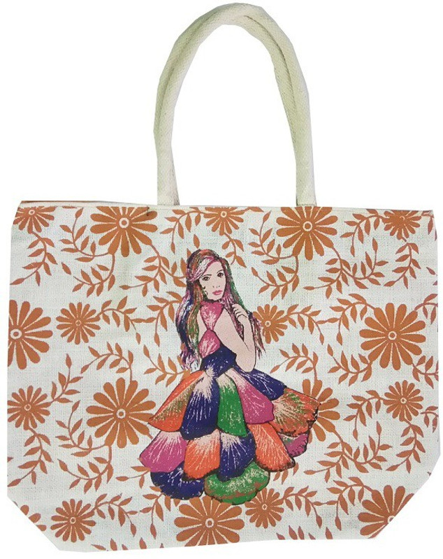 CraftEra Mustard Flower Print With Cute Girls Design Multicolor Jute Handheld Multipurpose Bag(White, 45 inch)