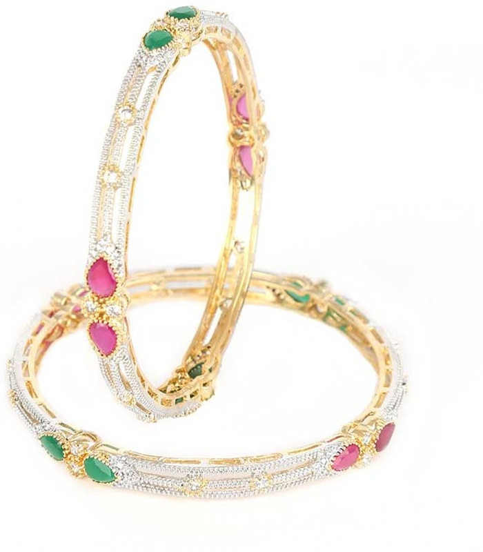 Handluv Alloy Cubic Zirconia Rhodium, Gold-plated Bangle Set(Pack of 2)