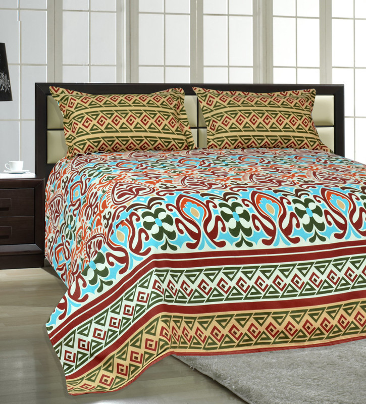 Salona Bichona 104 TC Cotton Double Printed Bedsheet(1 Double Bedsheet, 2 Pillow covers, Multicolor)