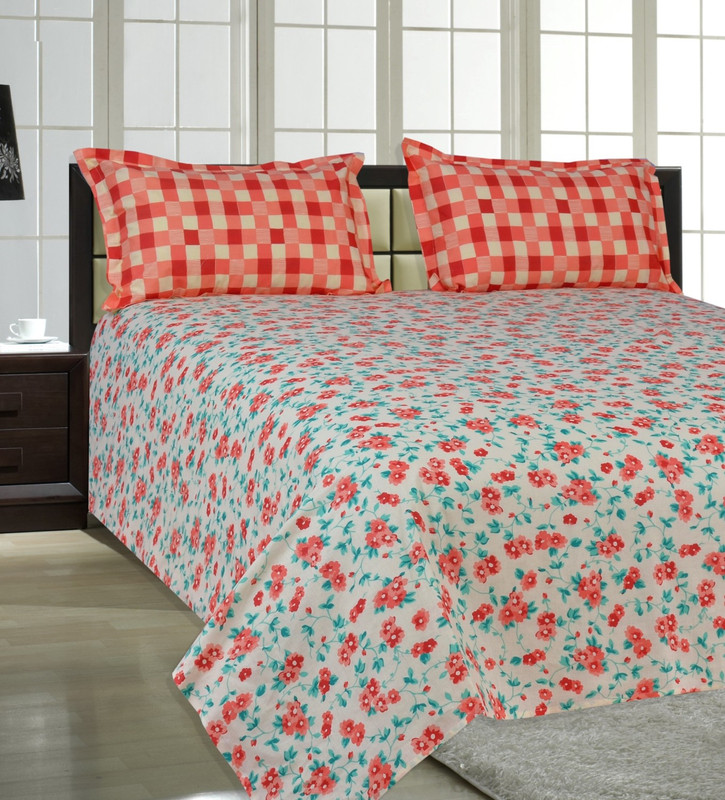 Salona Bichona 144 TC Cotton Double Floral Bedsheet(1 Double Bedsheet, 2 Pillow Covers, Orange)