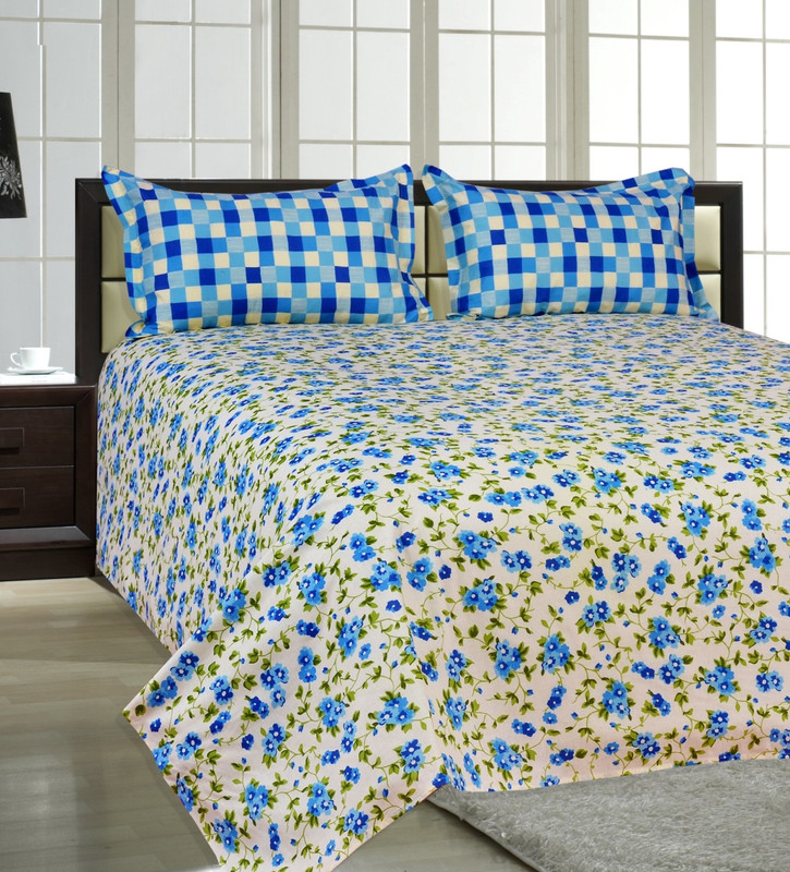 Salona Bichona 144 TC Cotton Double Floral Bedsheet(1 Double Bedsheet, 2 Pillow Covers, Blue)