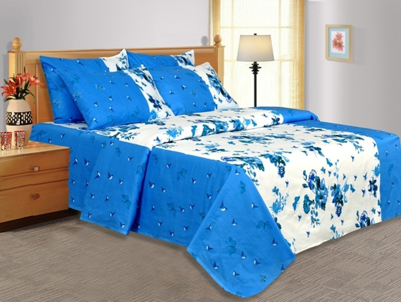 Salona Bichona 104 TC Cotton Double Floral Bedsheet(1 Double Bedsheet, 2 Pillow covers, Blue)