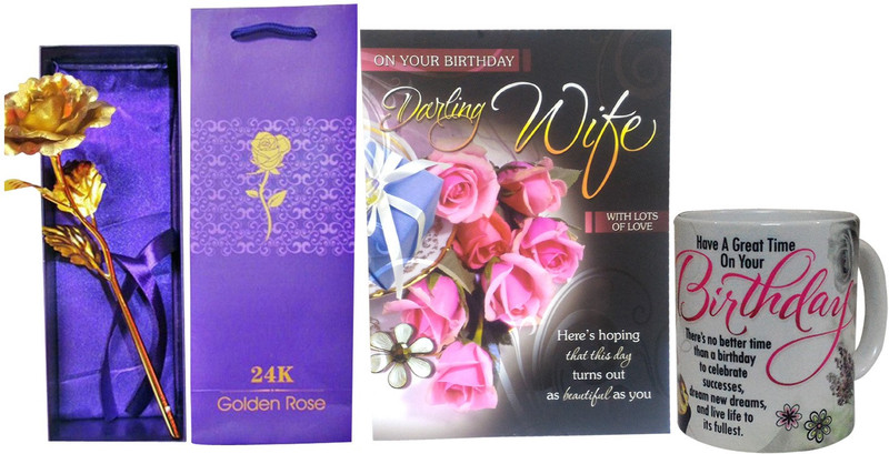 Saugat Traders Birthday Gift For Wife - Birthday Greeting Card, Artificial Golden Rose & Birthday Coffee Mug(Set of 3) Saugat Traders Birthday Gift For Wife - Birthday Greeting Card, Artificial Golden Rose & Birthday Coffee Mug(Set of 3)