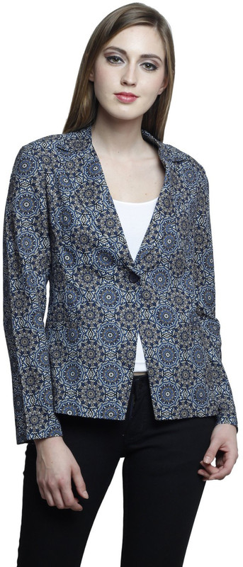 Trendsnu Printed Single Breasted Casual Women Blazer(Blue)