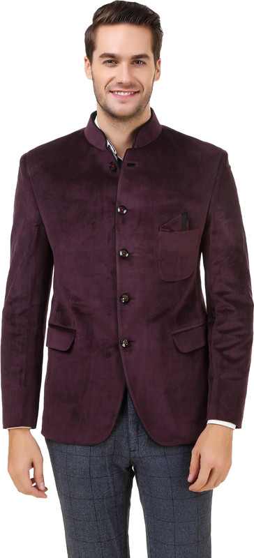 Men In Class Self Design Mandarin Wedding Men Blazer(Purple)