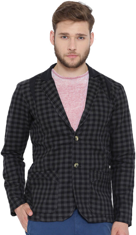 Fifty Two Checkered Single Breasted Casual Men Blazer(Grey)