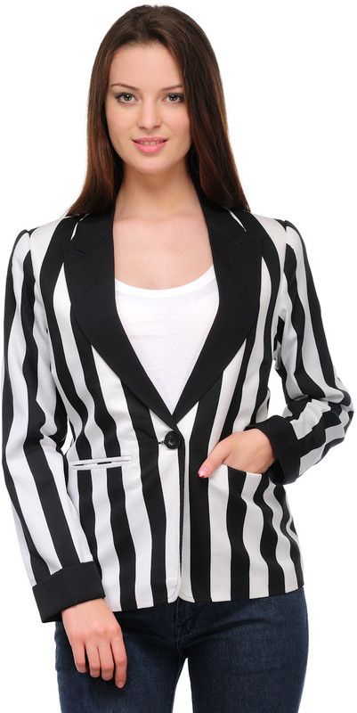 Stilestreet Striped Single Breasted Casual Women Blazer(Black)