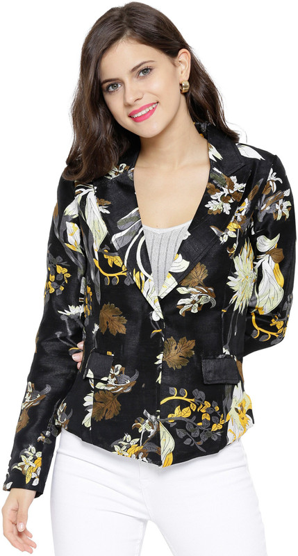 Sassafras Floral Print Single Breasted Lounge Wear, Party, Formal, Casual Women Blazer(Black, Yellow)