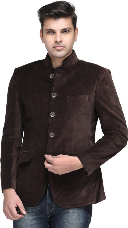 Platinum Studio Solid Mandarin Casual Men Blazer(Brown)