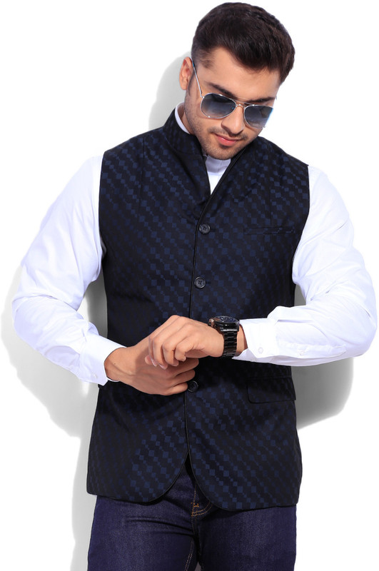 John Players Geometric Print Casual Men Blazer(Blue, Black)