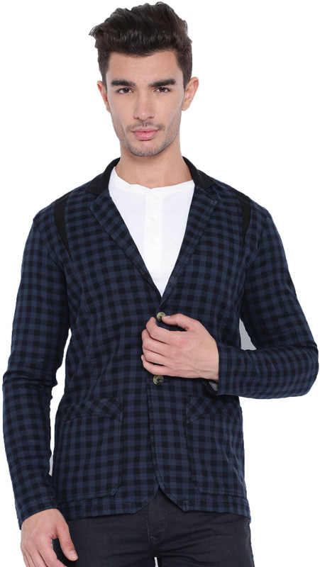 Fifty Two Checkered Single Breasted Casual Men Blazer(Black)