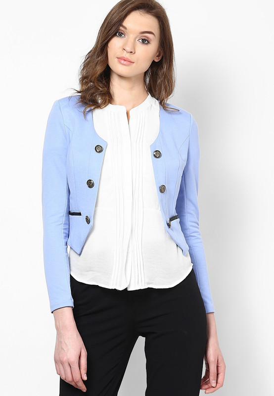 Vero Moda Solid Double Breasted Casual Women Blazer(Blue)