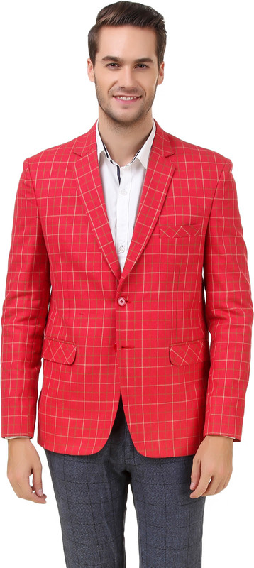 Men In Class Checkered Single Breasted Party, Casual Men Blazer(Red)