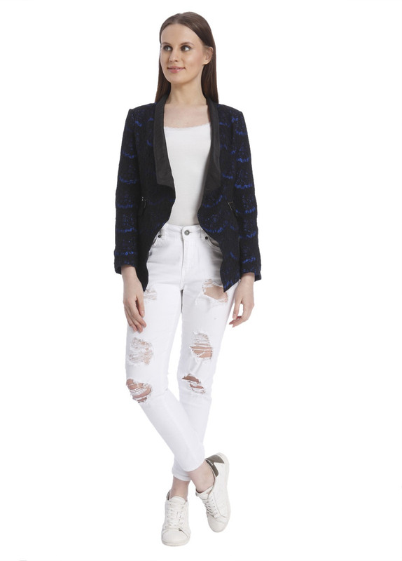 Vero Moda Self Design Single Breasted Casual Women Blazer(Blue, Black)