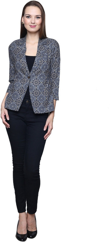 Trendsnu Floral Print Single Breasted Casual Women Blazer(Blue)