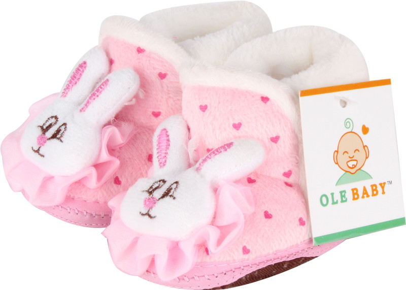 Ole Baby Soft Furry 3d Toons Anti-Skid Booties(Toe to Heel Length - 11 cm, White, Pink)