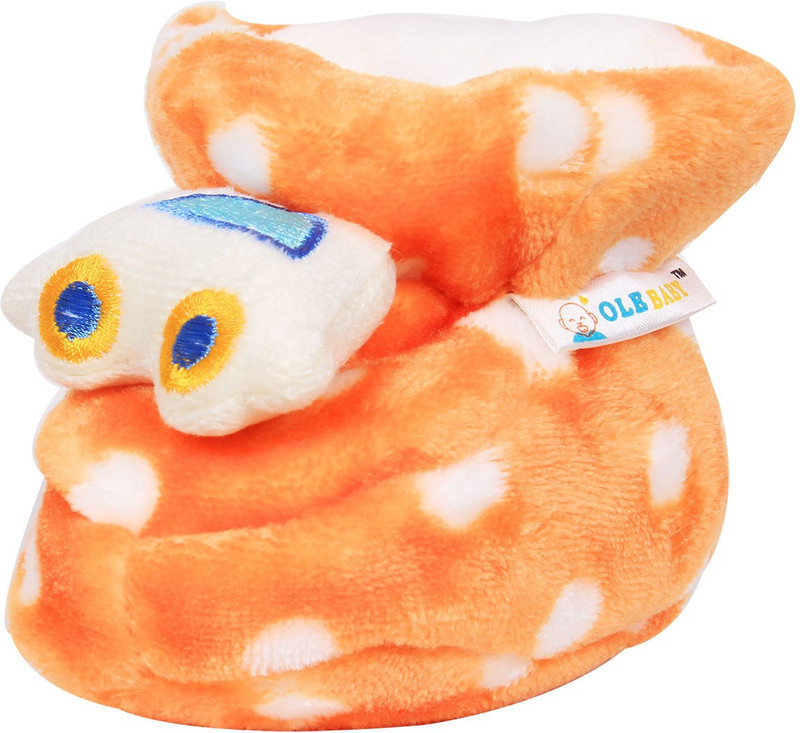 Ole Baby Upside Down Plush Polka Dotted Soft Furry Organic 3d Toons 3-12 Months Booties(Toe to Heel Length - 12 cm, Orange)