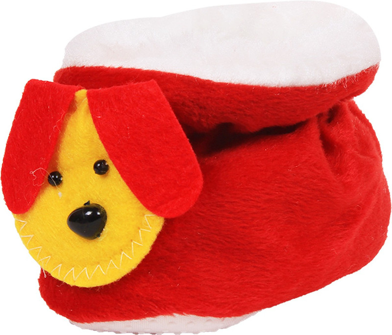 Ole Baby Dog Soft Velvet Furry Friend Smiling Cartoon Booties(Toe to Heel Length - 10 cm, Red)