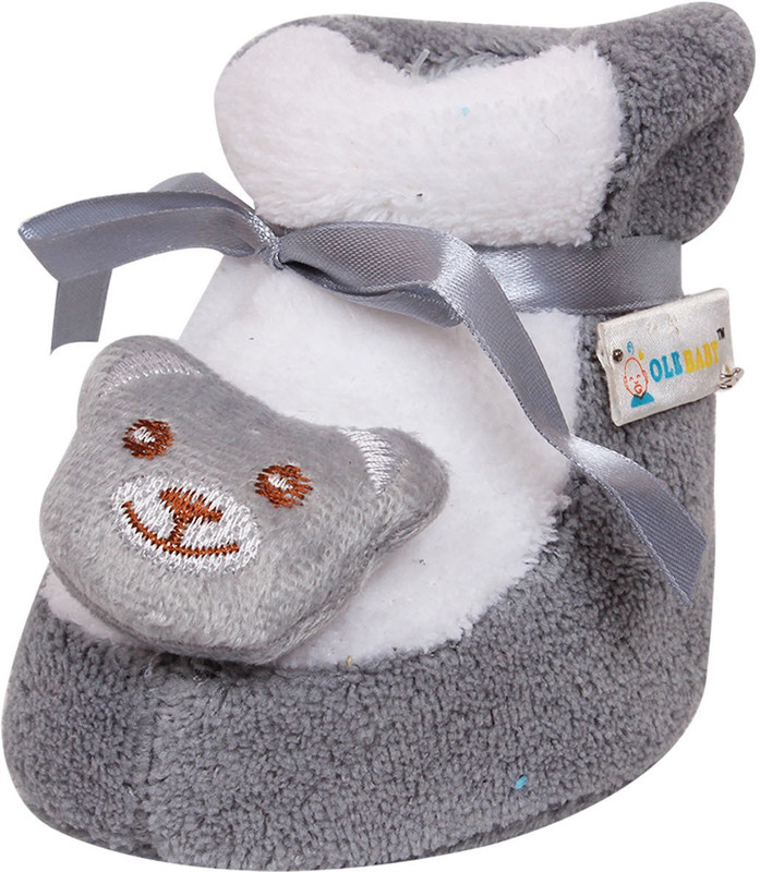 Ole Baby Cute Balu the bear Plush Soft Furry Organic 3d Toons 0-9 Months Booties(Toe to Heel Length - 9 cm, Grey)