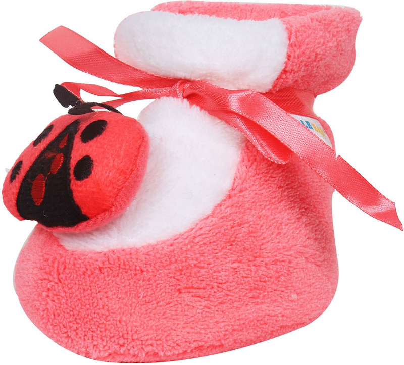 Ole Baby LadyBug Plush Soft Furry Organic 3d Toons 0-9 Months Booties(Toe to Heel Length - 10 cm, Pink)