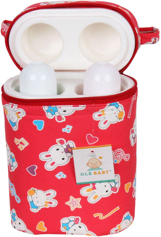 Ole Baby Bunny Print Assorted Double Portable Infant Feeding Milk Food Bottle Thermal Warmer Bag Storage Holder (Upto 250ml each)(Red)