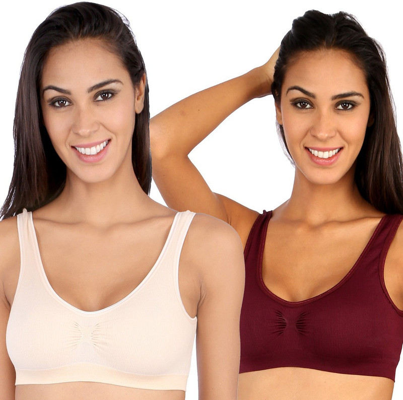 NOVEL Sporty Women Sports Lightly Padded Bra(Maroon, Beige)